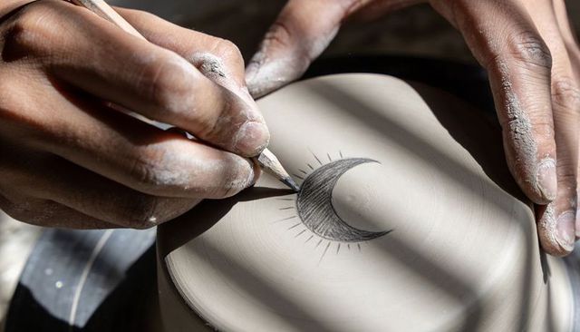Close-up artisan carving crescent moon on leather-hard ceramic bowl with clay-dusted hands