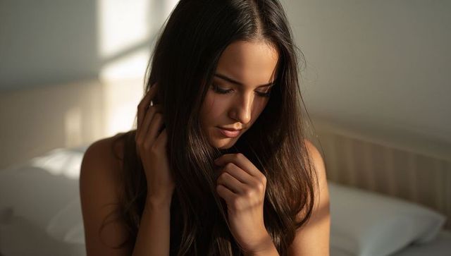 Sunlit intimate portrait of young woman gazing, touching hair on bed for calm lifestyle