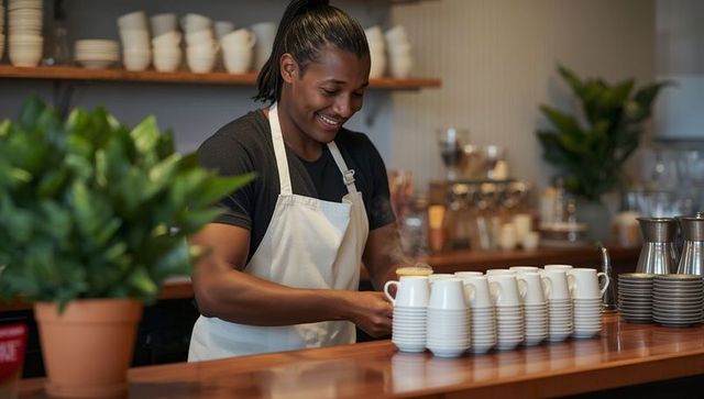 Barista pouring milk in warm café environment