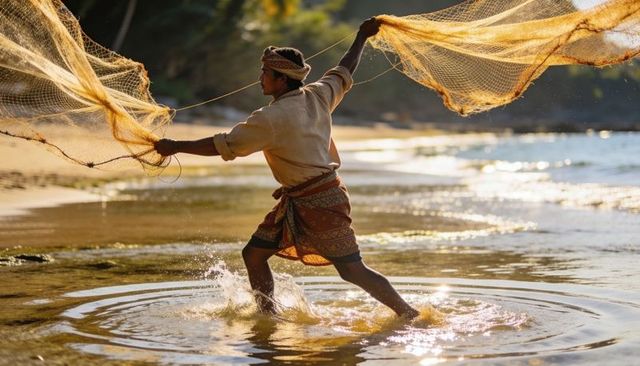 Fisherman casting large circular net in backlit golden hour on tropical shore