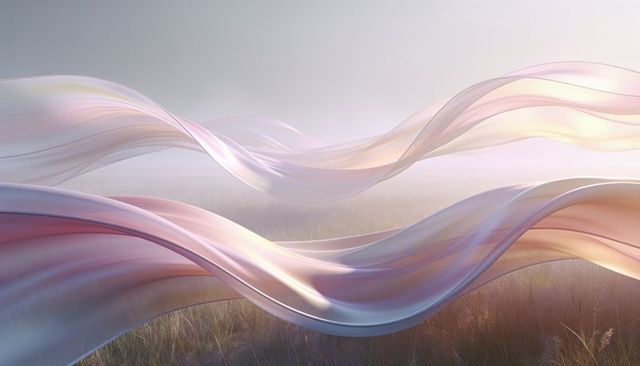 Iridescent pastel ribbons floating over misty meadow with pearlescent sheen
