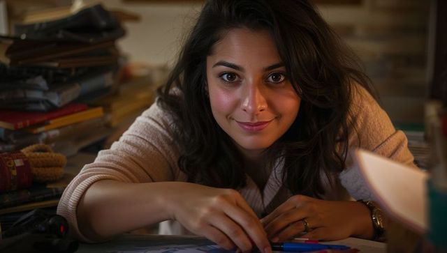 Young woman leaning over cluttered home desk arranging papers and pens in warm light