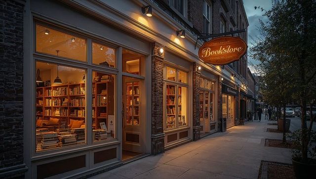Cozy bookstore glowing at dusk, inviting warm interior with bookshelves, sofa and streetfront