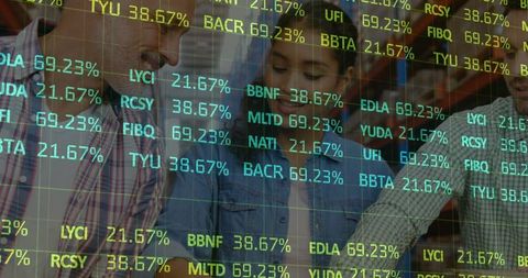 Global stock market data overlaying warehouse team collaboration