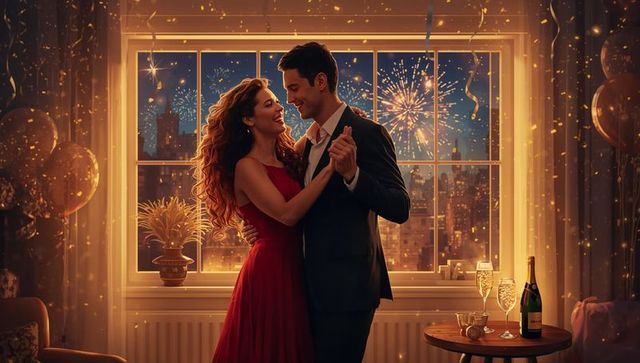 Couple dancing in glamorous apartment with city fireworks, champagne celebration on new year night