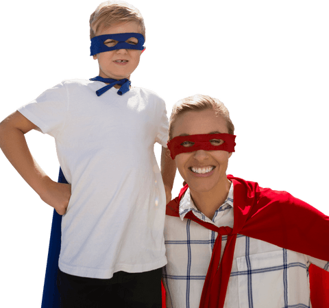 Transparent Mother and Son Dressed as Superheroes Embracing Joyful Playtime