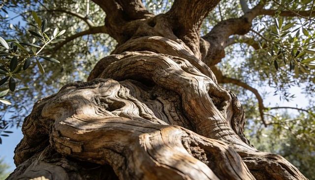 Gnarled olive tree trunk revealing twisted weathered bark texture in sunlit grove