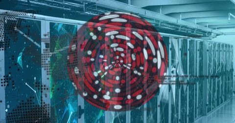 Abstract Red Sphere Overlaid on Data Servers Symbolizing Technology Networking