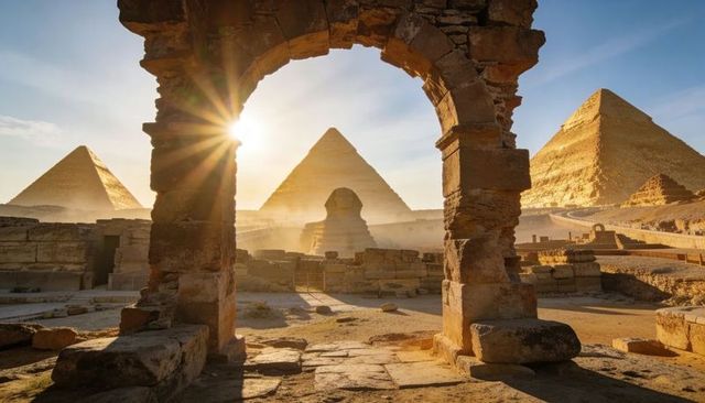 Sunrise framing great sphinx and giza pyramids through ancient stone arch