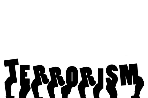 Hands with terrorism text on transparent background