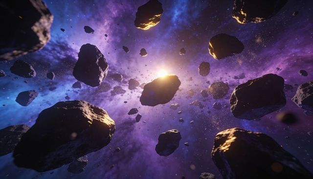 Cosmic asteroid field orbiting bright star above vivid purple nebula with rimlit boulders