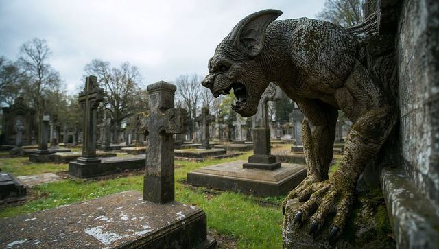 Crouching moss-covered gothic gargoyle guarding overgrown cemetery with weathered crosses