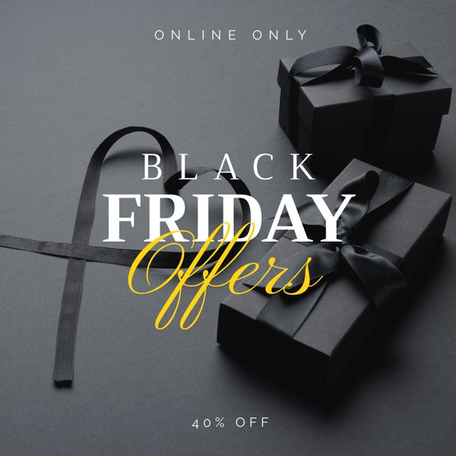 Perfect visual for promoting Black Friday sales and online shopping deals. Use this for banners, social media posts, email campaigns, or website ads to attract customers with elegant presentation of gifts and special offers.