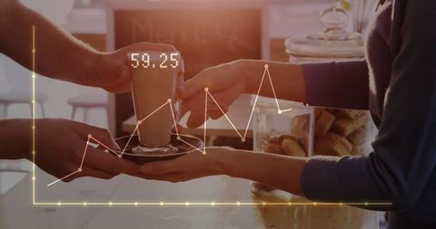 Coffee Serve in Urban Cafe Overlayed with Financial Analytics