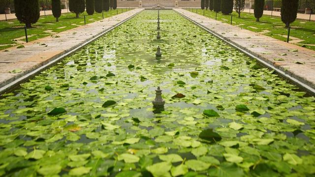 Stretching lily-covered reflecting pool featuring ornamental fountain nozzles in formal garden
