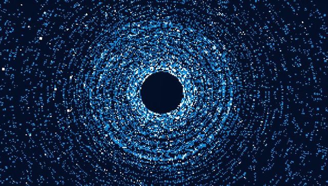 Pulsing dark void radiating concentric blue-cyan-white pixel rings with neon vortex glow
