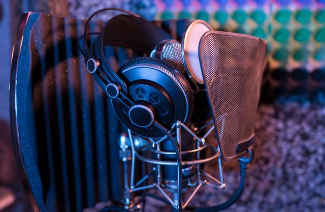 Microphone and headphones are set up in a recording studio with soundproofing and acoustic treatment. Suitable for illustrating music production, recording sessions, or podcast environments. Can be used in articles or promotional materials relating to audio technology, voice over setups, or music industry content.