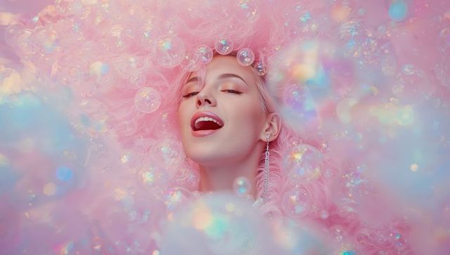 Fantasy Portrait with Pastel Pink Wig and Iridescent Bubble Surround
