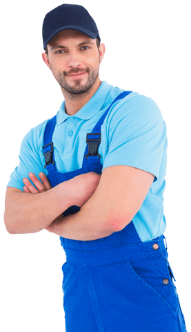 Smiling Male Handyman in Blue Coveralls with Arms Crossed on Transparent Background - Download Free Stock Videos Pikwizard.com