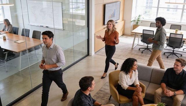 Team collaborating in modern office lounge with presenter walking and gesturing