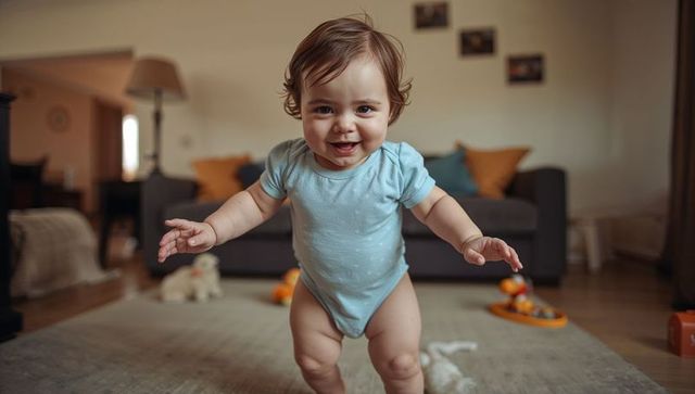 Laughing Toddler in Cozy Living Room Interiors