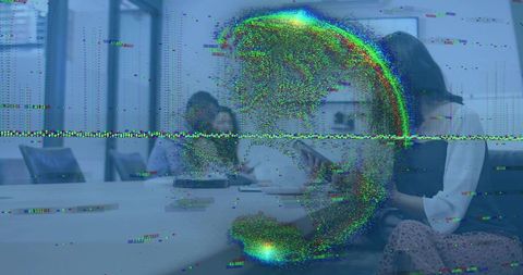 Businesswoman checking smartphone during boardroom meeting with digital glitch overlay
