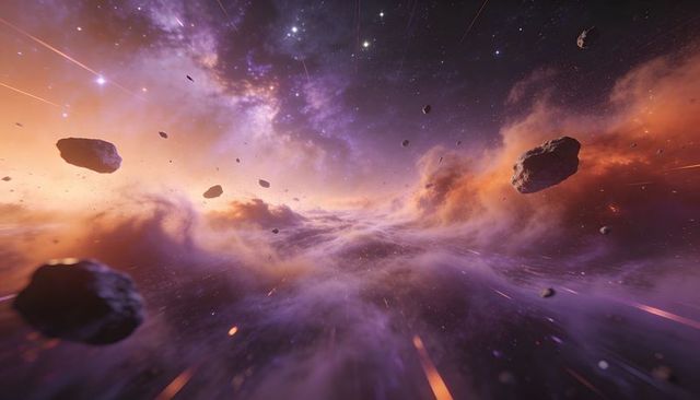 Drifting asteroid field featuring streaking dust trails sweeping through purple nebula