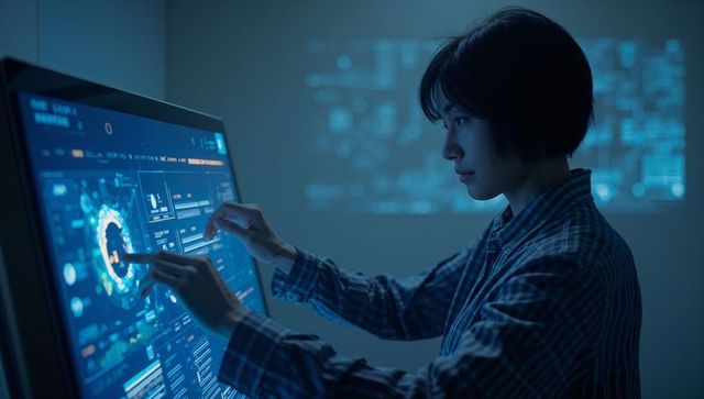 Asian woman interacting with futuristic touchscreen analytics dashboard in dark tech lab