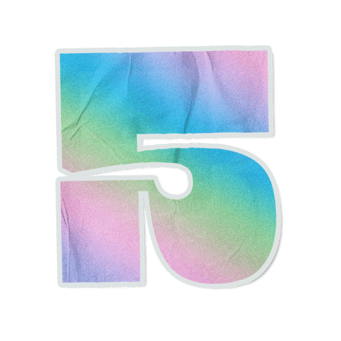 Transparent pastel gradient sticker numeral 5 with paper texture, white outline and shadow