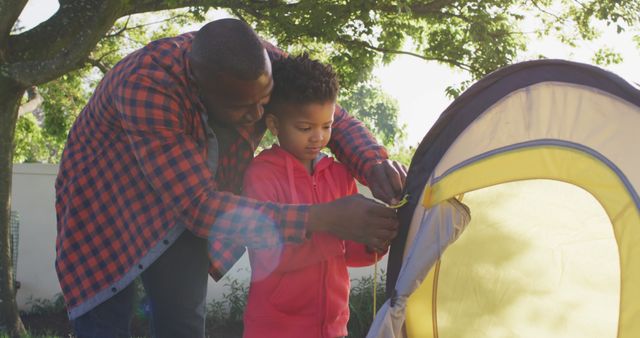 Happy african american father and his son setting up tent in garden - Download Free Stock Photos Pikwizard.com