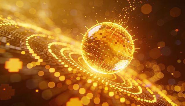 Golden voxel sphere orbiting concentric rings with luminous pixel trail and bokeh glow