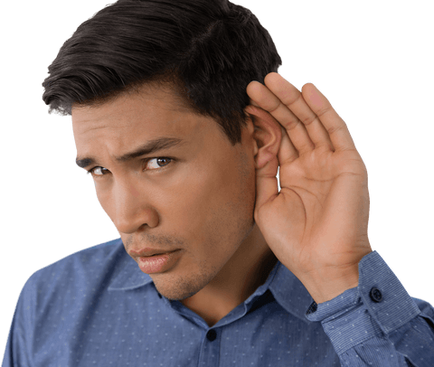 young businessman cupping ear in transparent listening gesture - Download Free Stock Videos Pikwizard.com