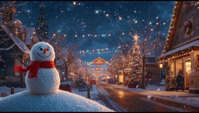 Charming Snowman Under Festive Lights Embracing Holiday Spirit
