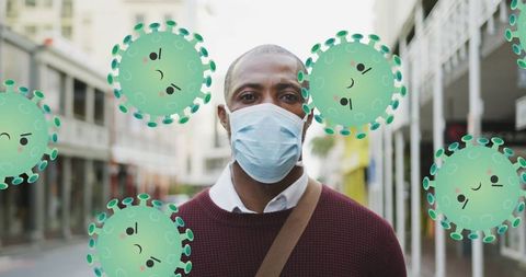 Person wearing mask with digital illustrations of covid-19 virus