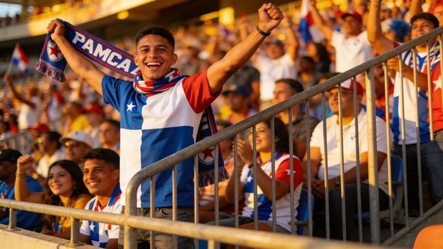 Cheering fan raising team scarf in packed stadium celebrating red white blue unity