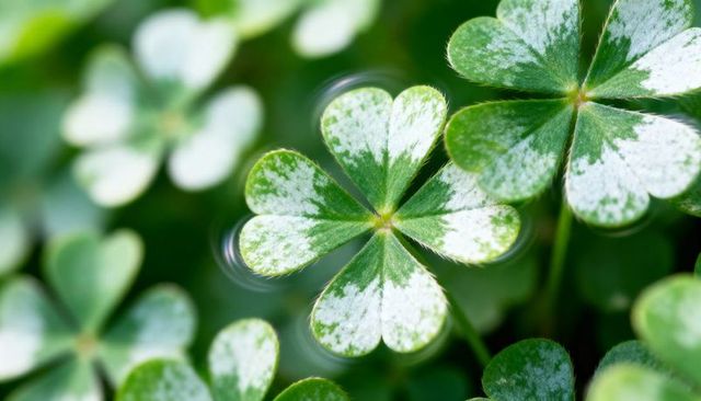Macro variegated shamrock with pale white-edged leaflets and dewy bokeh texture