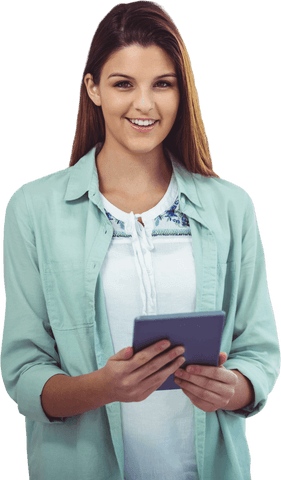 Happy caucasian woman using tablet transparent background