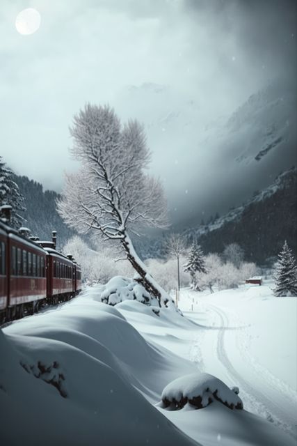 Red train moving through snowy mountain landscape during winter with moonlight and snow-covered trees. Ideal for projects related to travel, nature, winter scenery, transportation, and holidays.