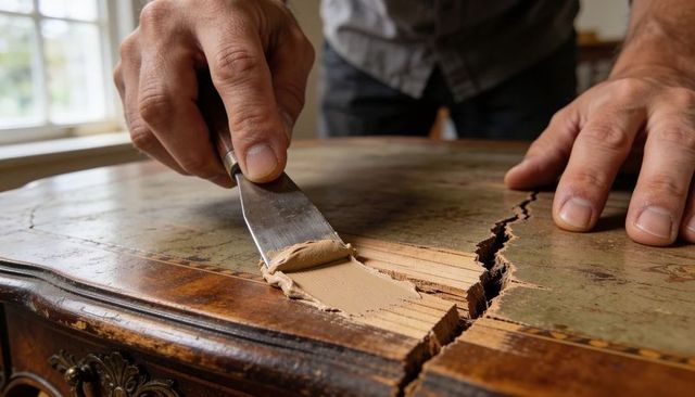 Hands repairing cracked antique table with putty knife and wood filler