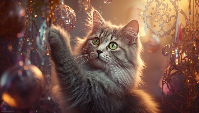 Fluffy Gray Cat Playing with Glittering Holiday Ornaments in Warm Light