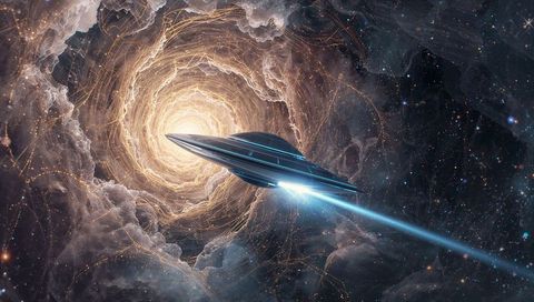 Futuristic spaceship entering wormhole among stars and golden trails