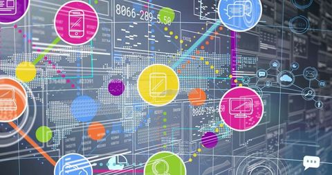 Digital network connections with device icons and data streams