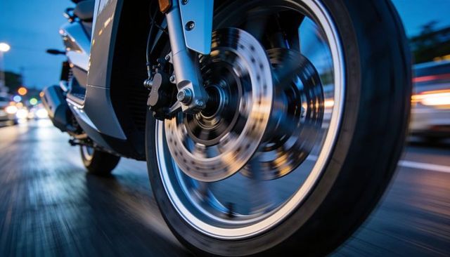 Spinning motorcycle front wheel in urban dusk with disc brake, motion blur and neon bokeh