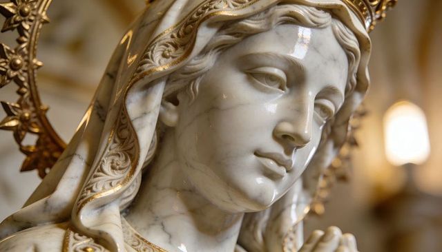 Marble madonna sculpture radiating serenity, displaying gilded veil and ornate halo