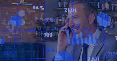 Executive Talking on Phone in Lounge with Financial Data Overlays and Digital Charts