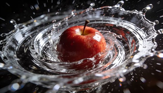 Red apple creating crystal water crown splash with droplets and glossy reflections