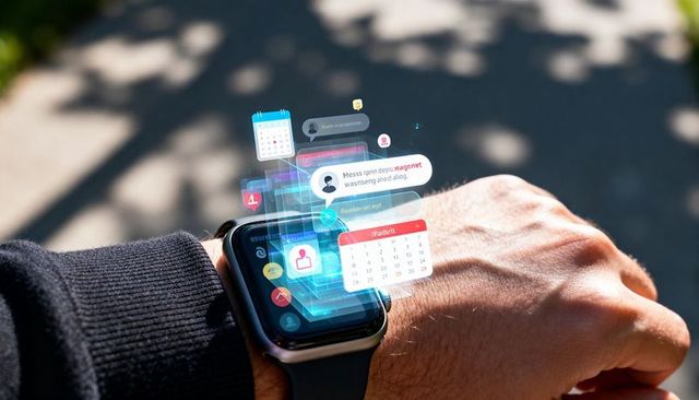 Smartwatch projecting holographic user interface above wrist outdoors in daylight