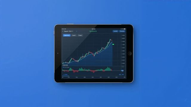 Tablet Displaying Financial Trading Chart on Blue Background