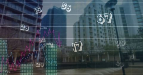 Financial data visualization over urban cityscape background
