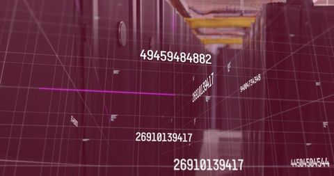 Digital Datacenter Aisle with Server Racks and Floating Numbers